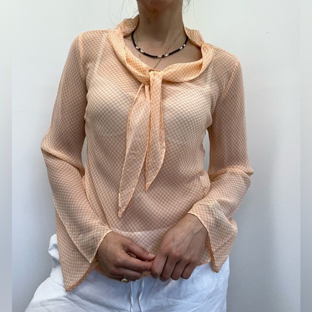 Vintage 100% Silk Sheer Peach Printed Tie Neck Long Sleeve Blouse Size M
